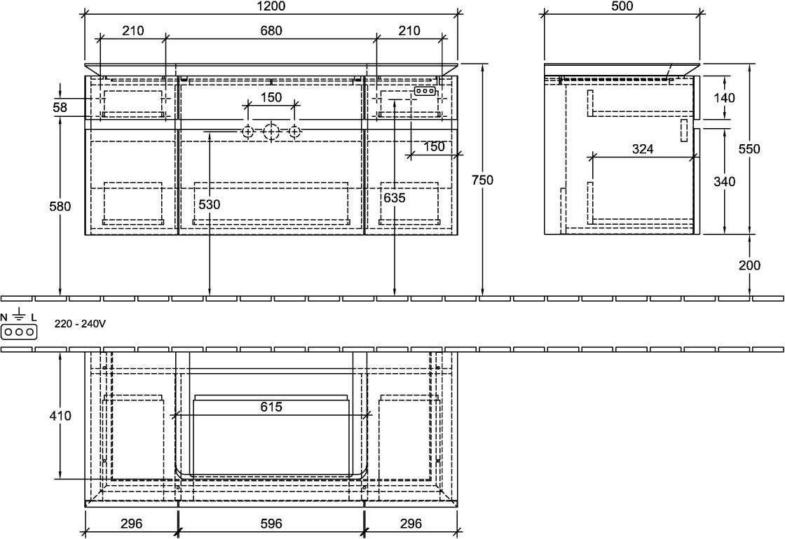 V&B Waschtischunterschrank Legato 120x55x50cm, Waschtisch mittig, Kansas Oak