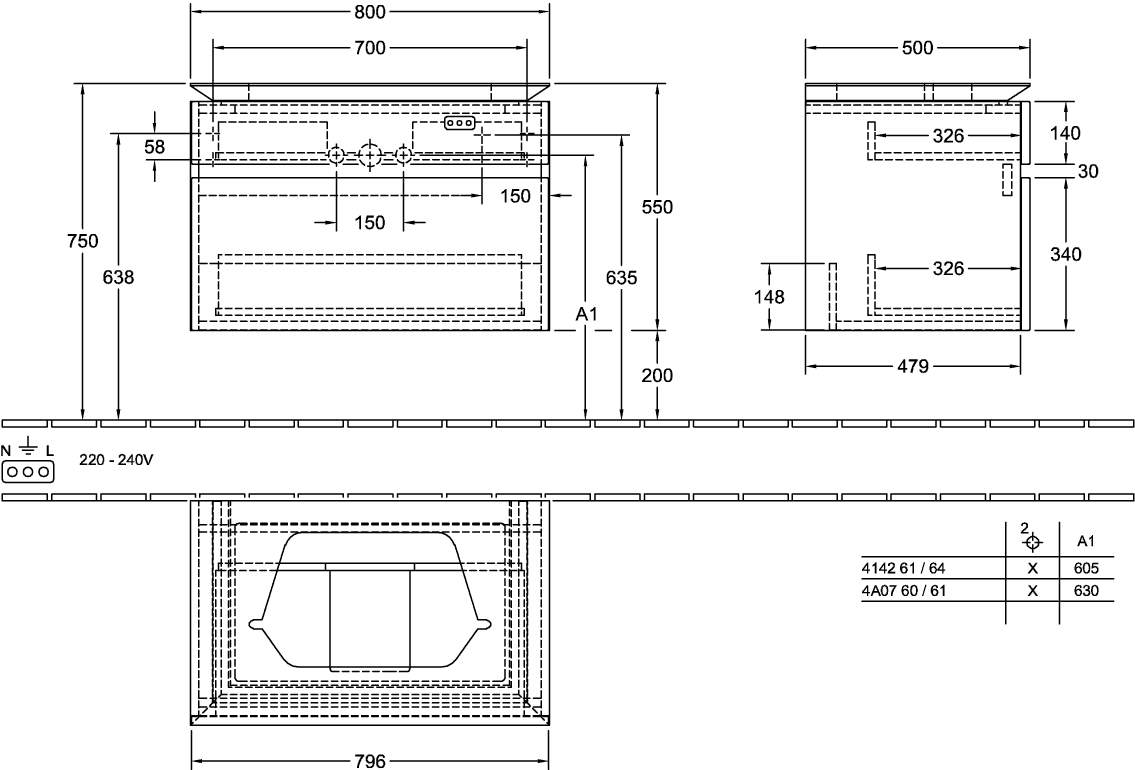 V&B Waschtischunterschrank Legato 80x55x50cm, Waschtisch mittig, Stone Oak