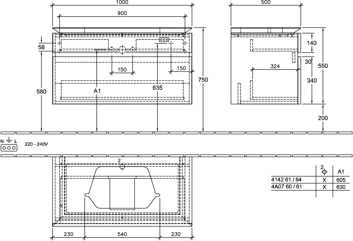 V&B Waschtischunterschrank Legato 100x55x50cm, Waschtisch mittig, Kansas Oak