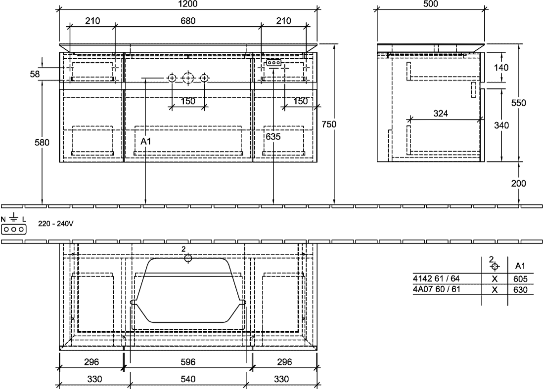 V&B Waschtischunterschrank Legato 120x55x50cm, Waschtisch mittig, Stone Oak