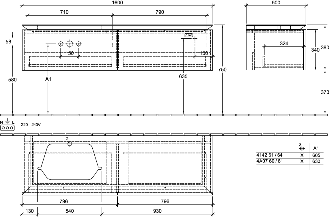 V&B Waschtischunterschrank Legato 160x38x50cm, Waschtisch links, Stone Oak