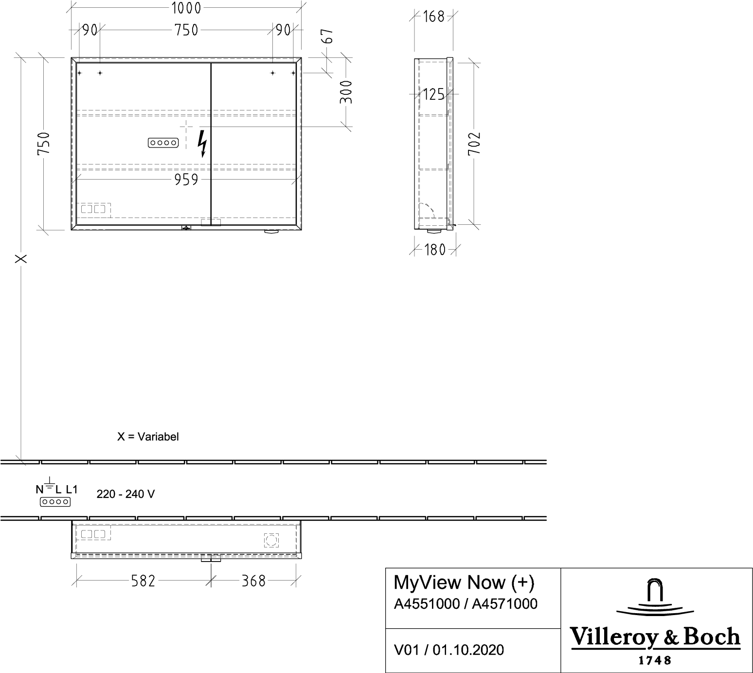 V&B Spiegelschrank MY VIEW NOW 100 x 75 x 16,8 cm, LED-Beleuchtung, 2 Türen, mit Sensorschalter