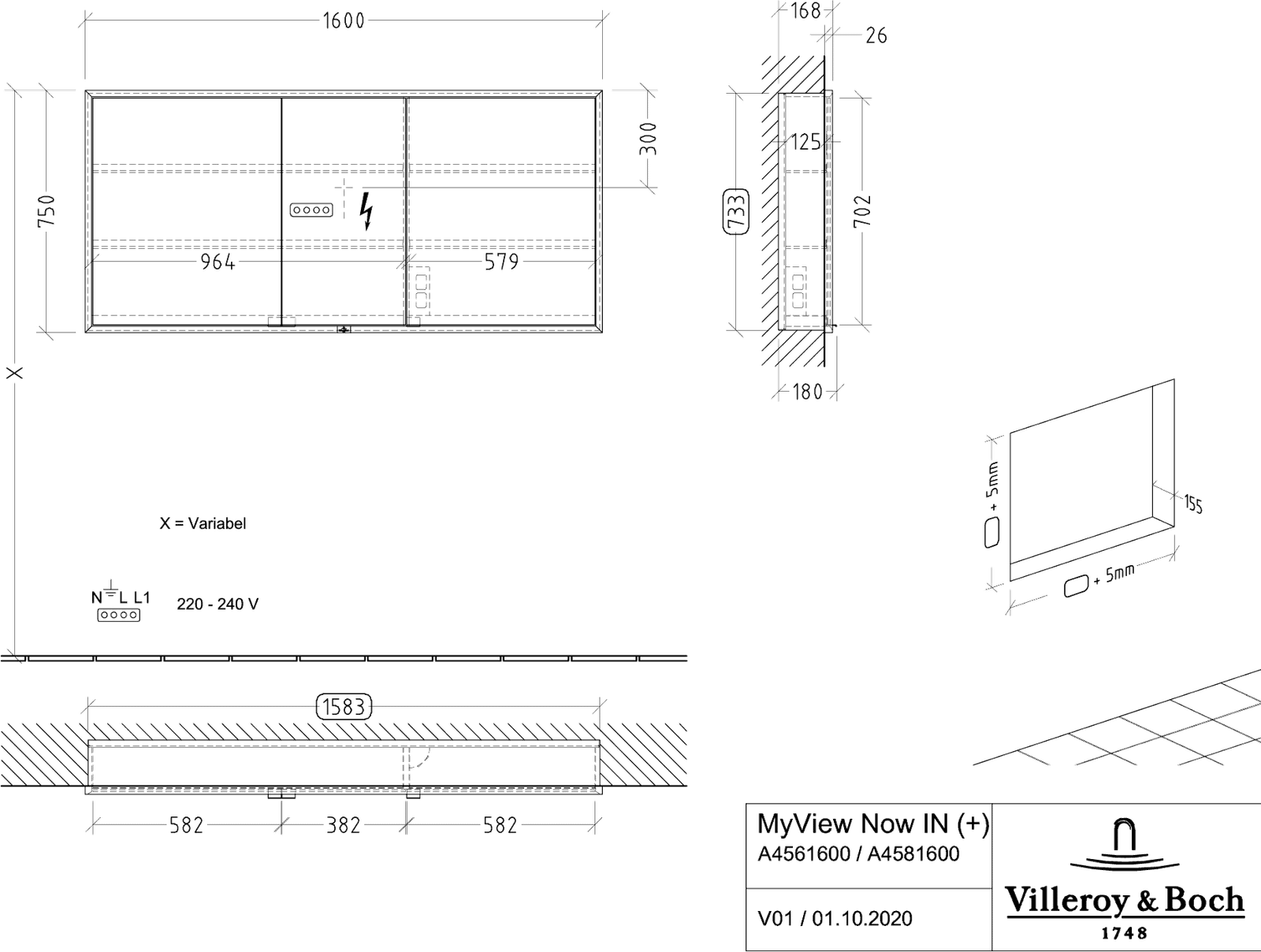 V&B Einbau-Spiegelschrank MY VIEW NOW 160 x 75 x 16,8 cm, LED-Beleuchtung, 3 Türen, mit Ein-/Ausschalter