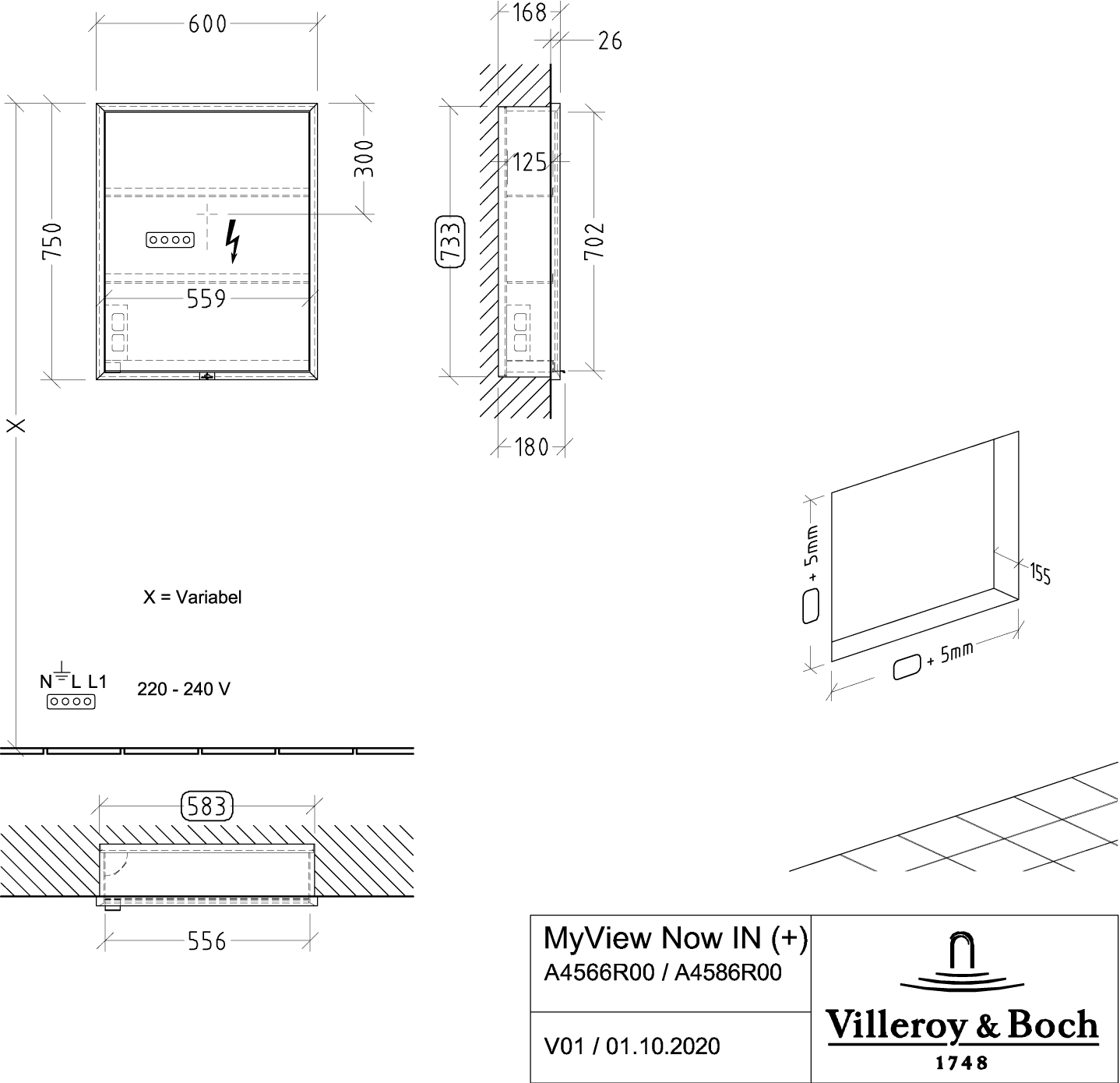V&B Spiegelschrank MY VIEW NOW 60 x 75 x 16,8 cm, Anschlag rechts, LED-Beleuchtung, 1 Tür, mit Ein-/Ausschalter