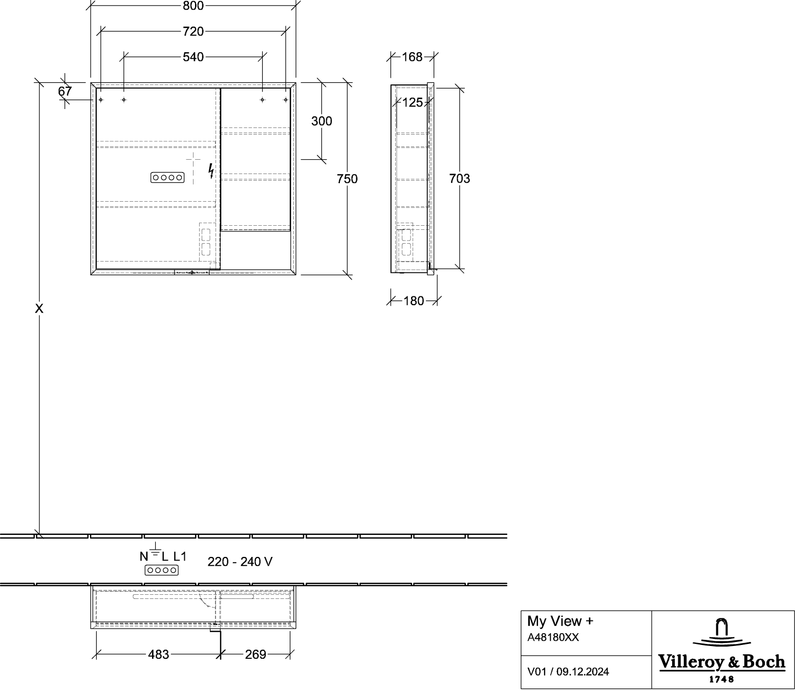 V&B Spiegelschrank My View + 80 x 75 x 16,8 cm, Nordic Oak, LED-Beleuchtung, Aluminium silber matt eloxiert