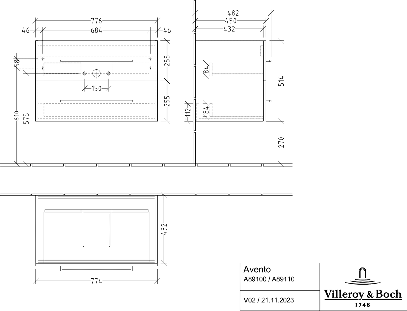 V&B Waschtisch-Unterschrank Avento 78x51,4x48,4cm, 2 Auszüge, wandhängend, Griff Chrome Glanz, Kansas Oak