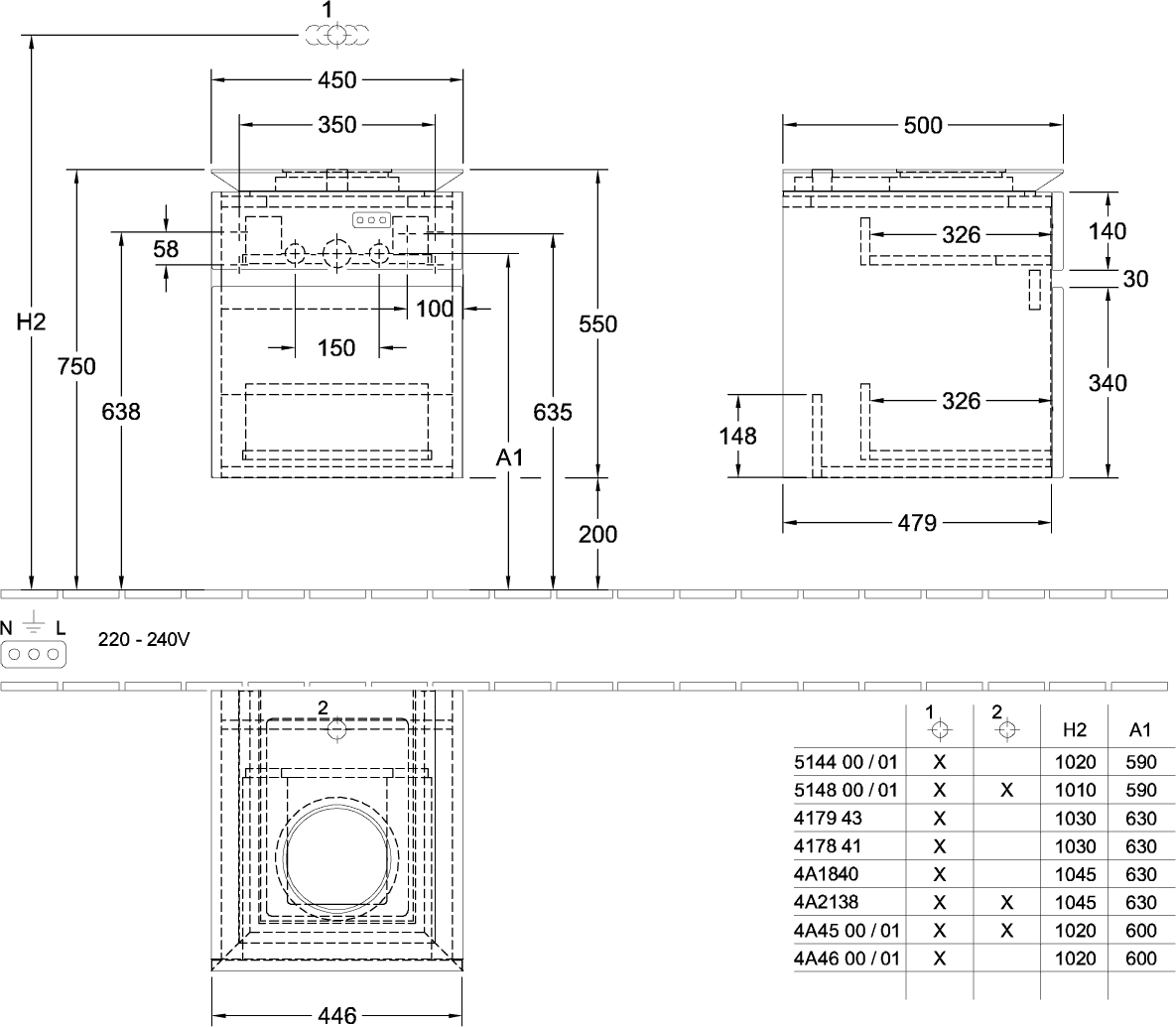 V&B Waschtischunterschrank Legato 45x55x50cm, Waschtisch mittig, mit LED-Beleuchtung, Black Matt Lacquer
