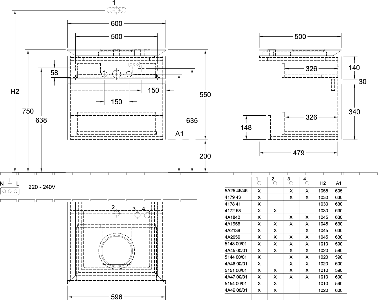 V&B Waschtischunterschrank Legato 60x55x50cm, Waschtisch mittig, Stone Oak
