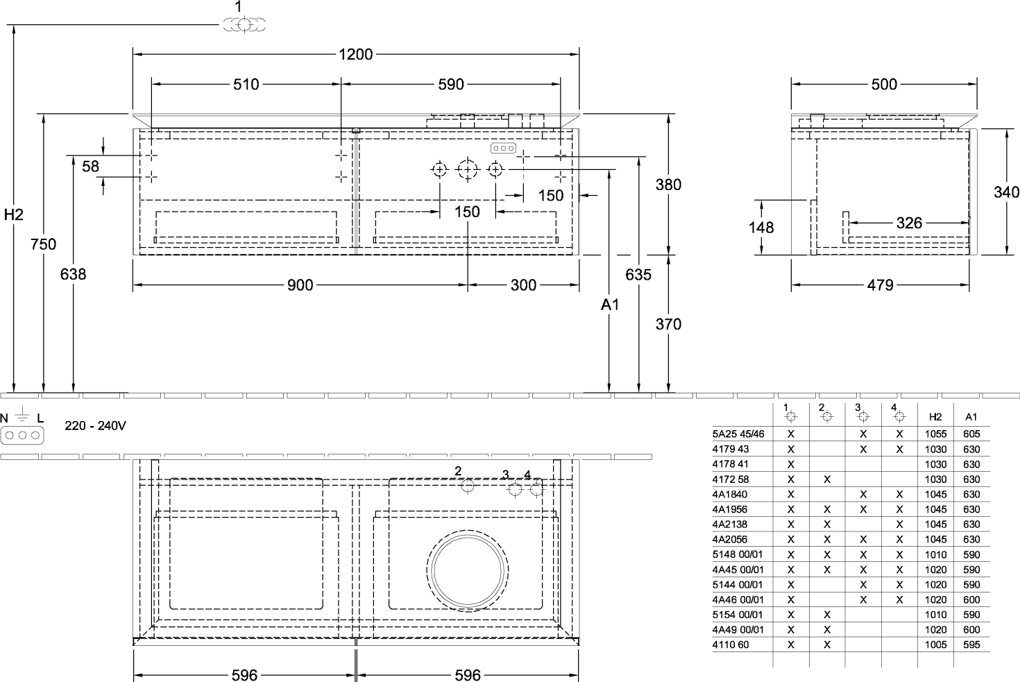 V&B Waschtischunterschrank Legato 120x38x50cm, Waschtisch rechts, mit LED-Beleuchtung, Glossy Grey