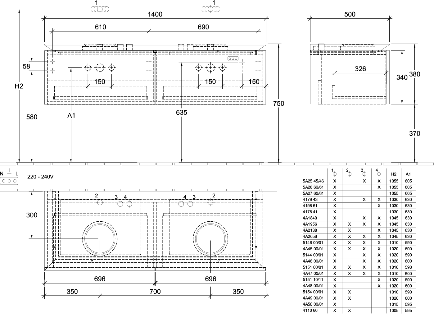 V&B Waschtischunterschrank Legato 140x38x50cm, für 2 Waschtische, mit LED-Beleuchtung, Black Matt Lacquer