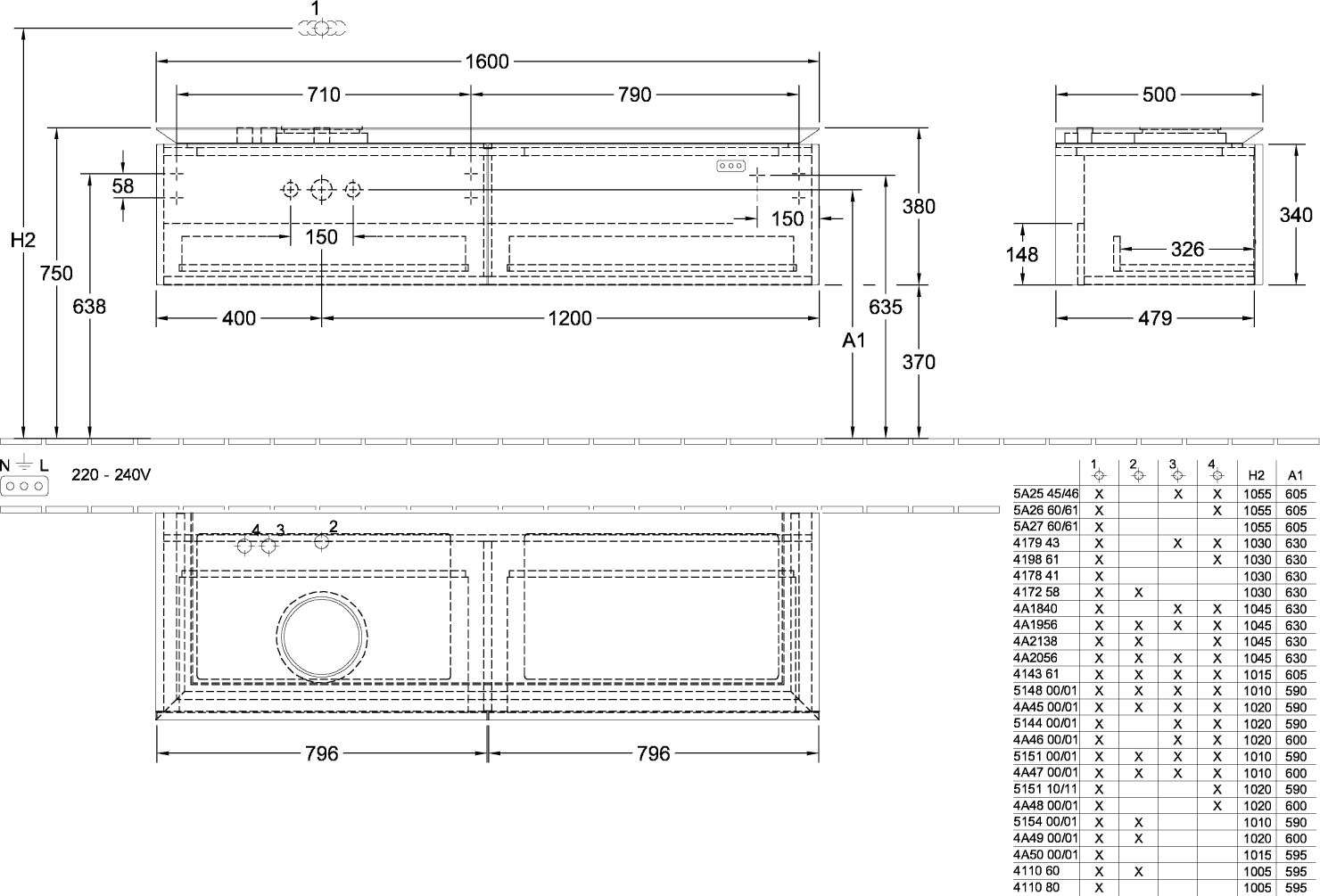 V&B Waschtischunterschrank Legato 160x38x50cm, Waschtisch links, mit LED-Beleuchtung, Stone Oak