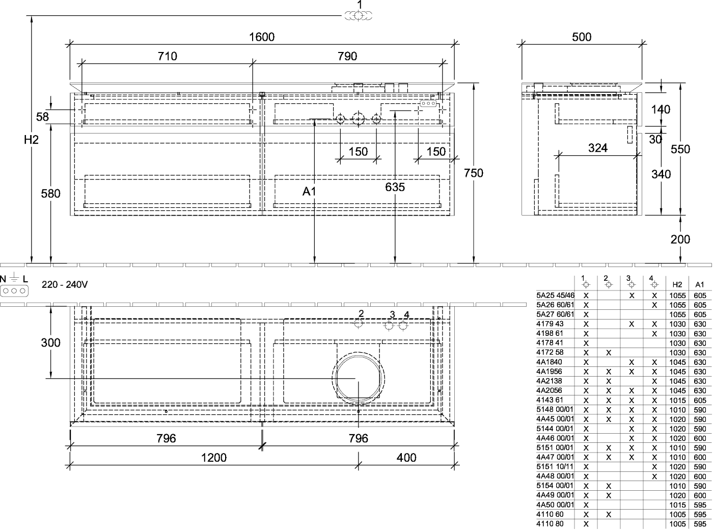 V&B Waschtischunterschrank Legato 160x50x50cm, Waschtisch rechts, Kansas Oak