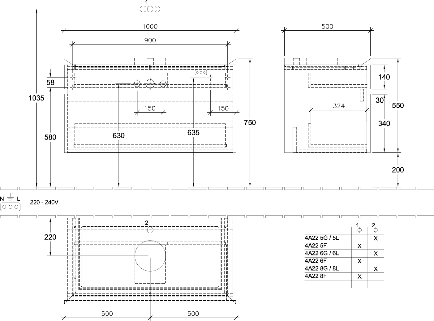 V&B Waschtischunterschrank Legato 100x55x50cm, Waschtisch mittig, mit LED-Beleuchtung, Stone Oak