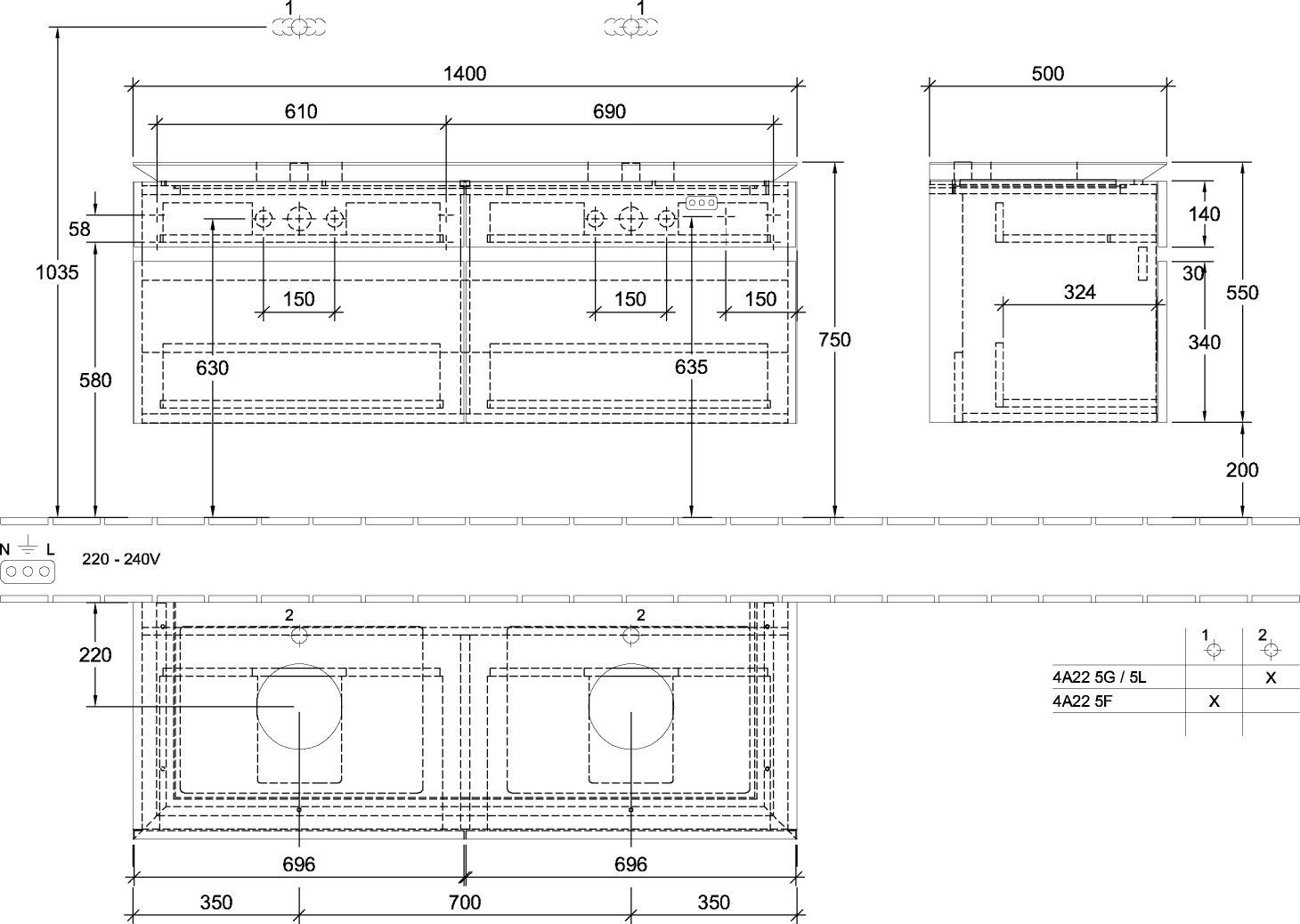 V&B Waschtischunterschrank Legato 140x55x50cm, für 2 Waschtische, mit LED-Beleuchtung, Stone Oak