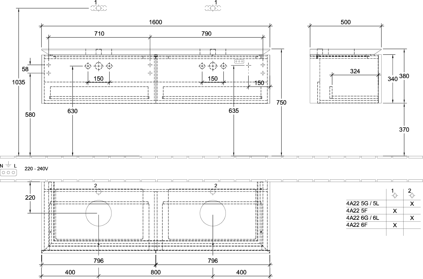V&B Waschtischunterschrank Legato 160x38x50cm, für 2 Waschtische, Glossy Grey