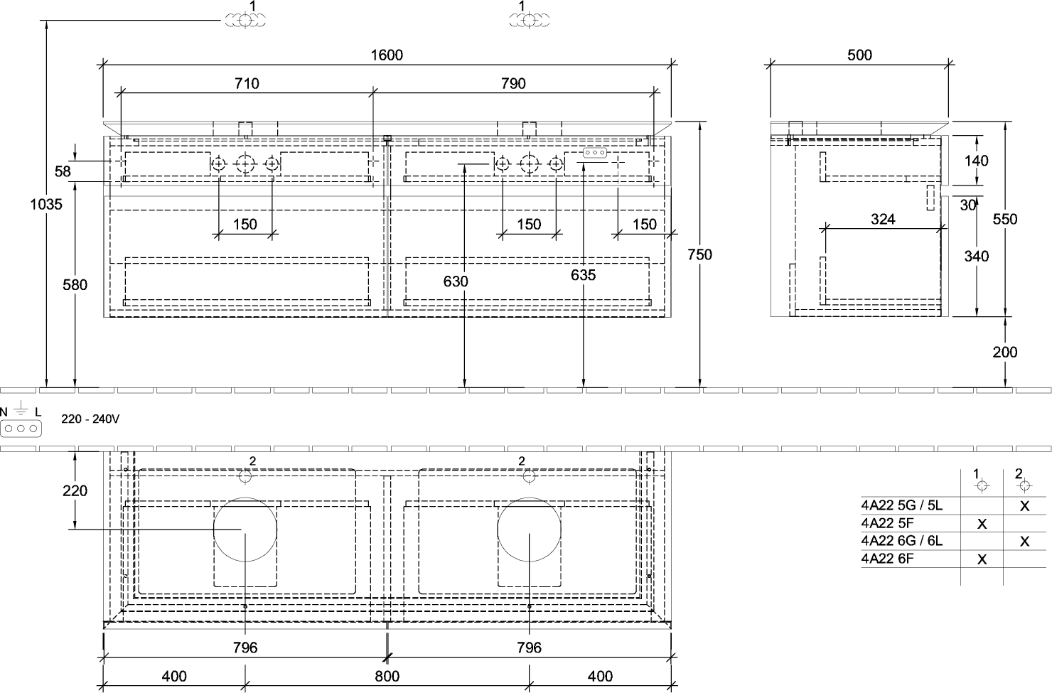 V&B Waschtischunterschrank Legato 160x55x50cm, für 2 Waschtische, Black Matt Lacquer