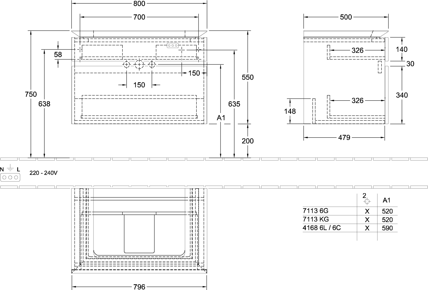 V&B Waschtischunterschrank Legato 80x55x50cm, Waschtisch mittig, mit LED-Beleuchtung, Kansas Oak