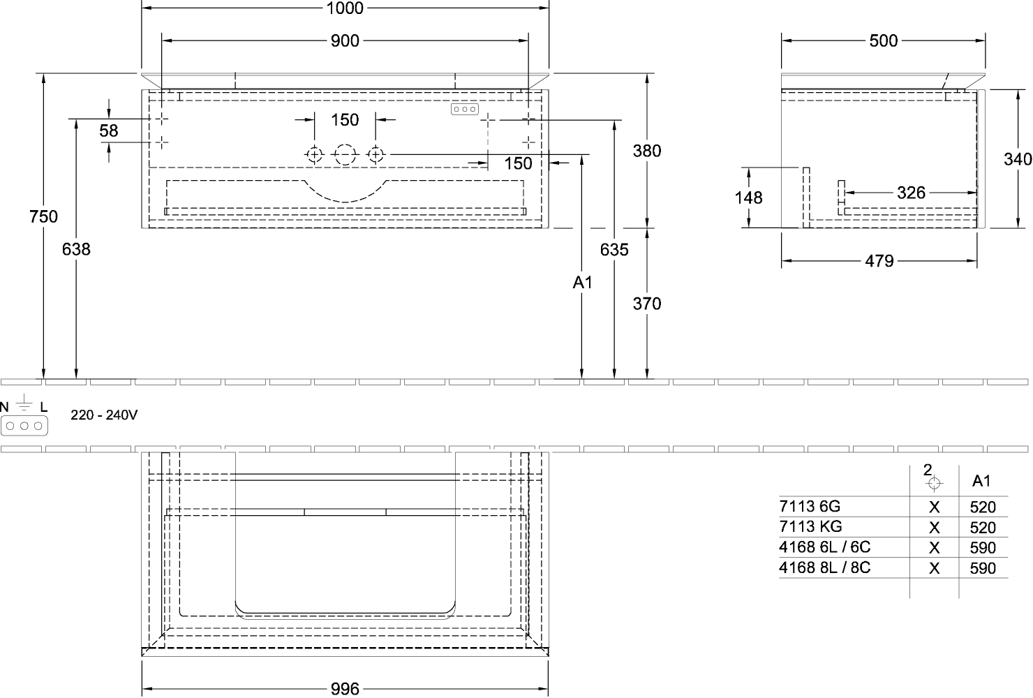 V&B Waschtischunterschrank Legato 100x38x50cm, Waschtisch mittig, Kansas Oak