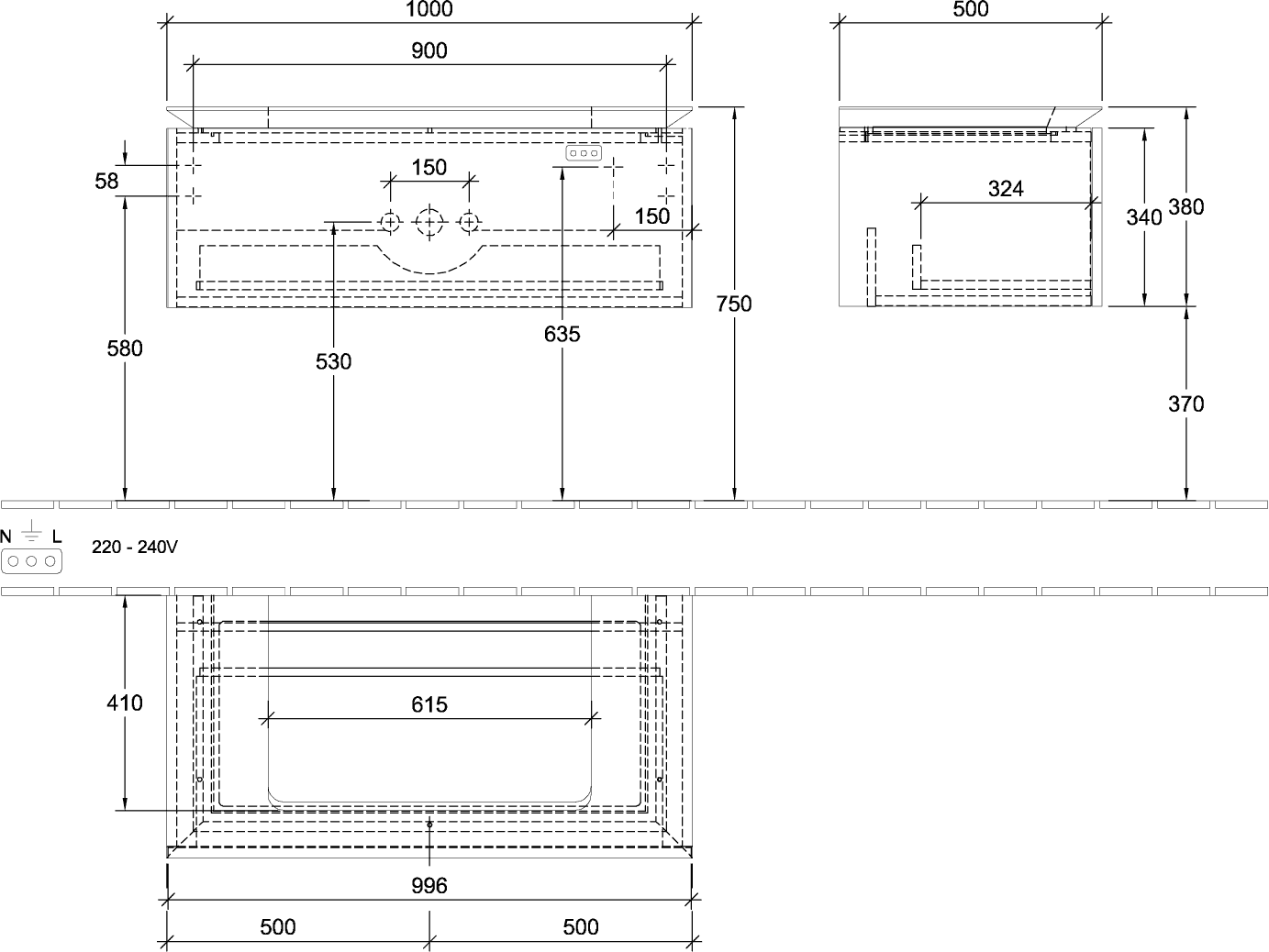 V&B Waschtischunterschrank Legato 100x38x50cm, Waschtisch mittig, mit LED-Beleuchtung, Stone Oak