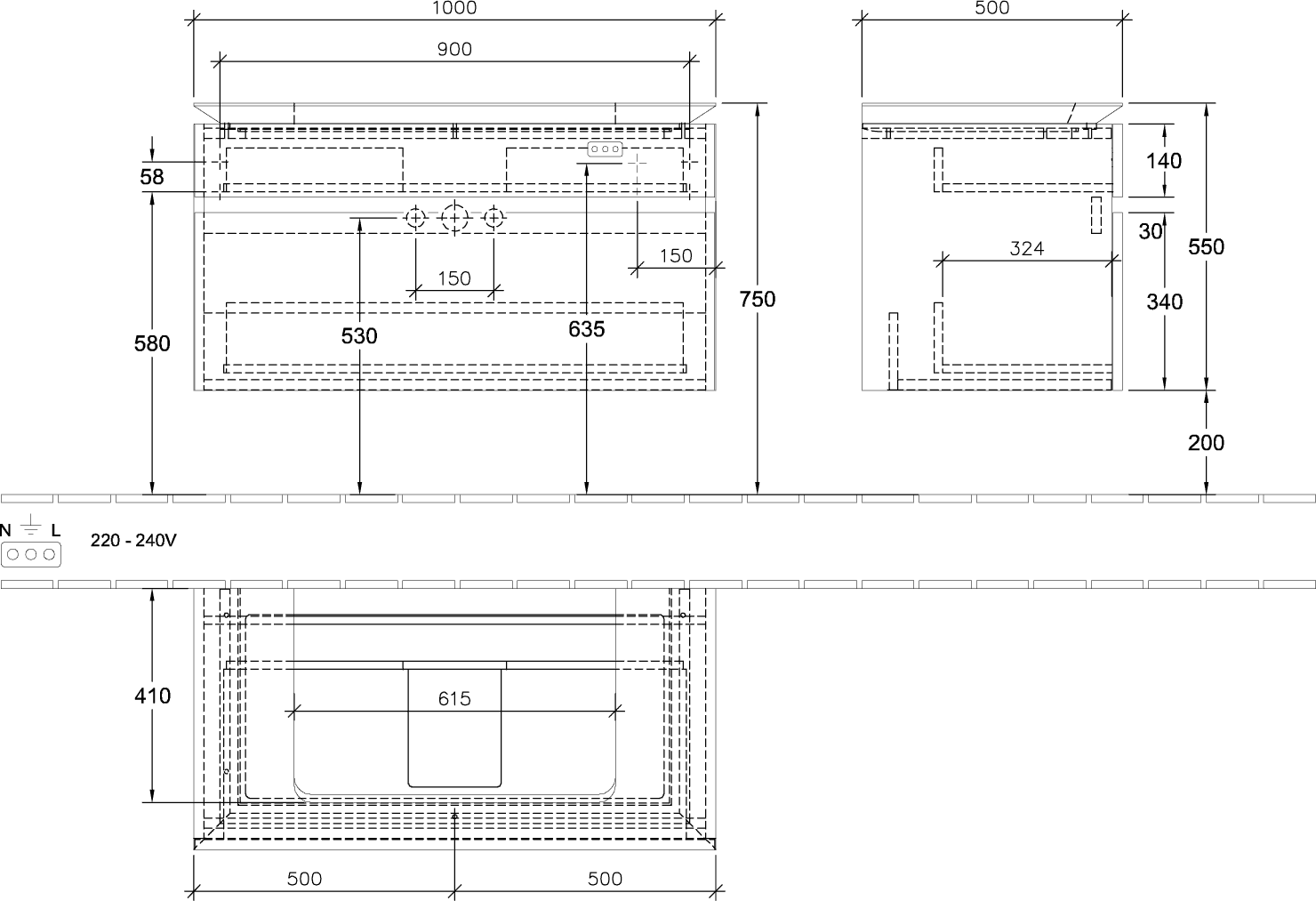 V&B Waschtischunterschrank Legato 100x55x50cm, Waschtisch mittig, mit LED-Beleuchtung, Stone Oak