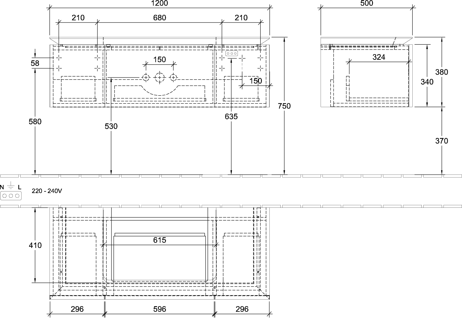 V&B Waschtischunterschrank Legato 120x38x50cm, Waschtisch mittig, Kansas Oak