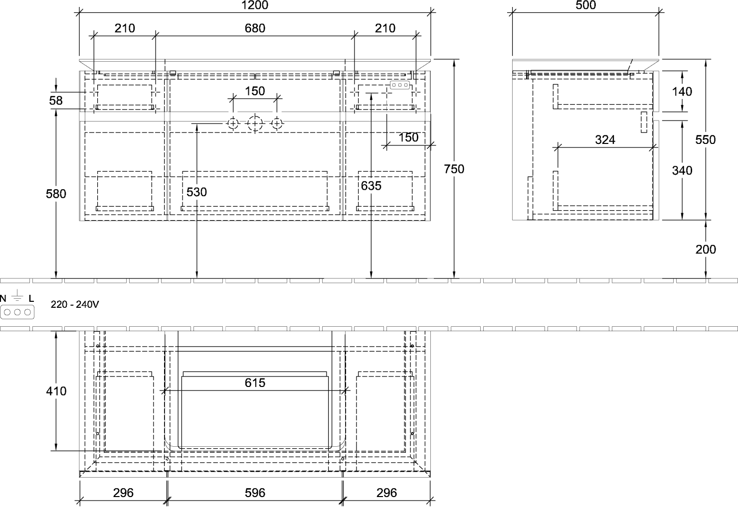 V&B Waschtischunterschrank Legato 120x55x50cm, Waschtisch mittig, mit LED-Beleuchtung, Stone Oak