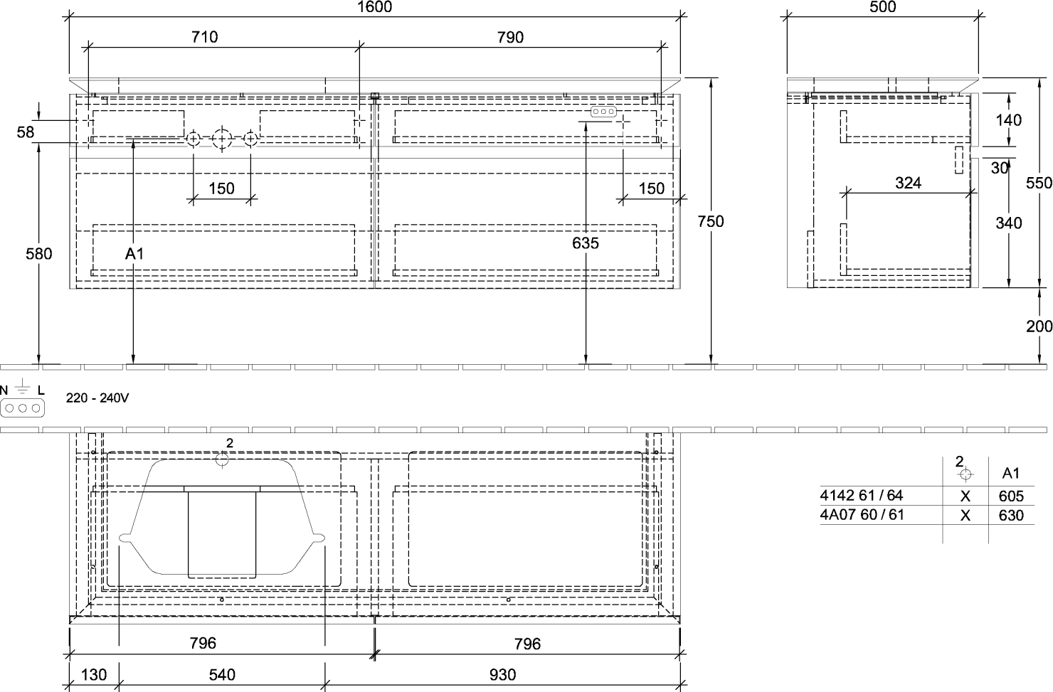 V&B Waschtischunterschrank Legato 160x55x50cm, Waschtisch links, mit LED-Beleuchtung, Stone Oak