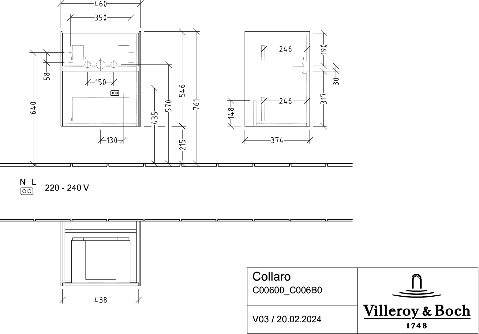 V&B Waschtischunterschrank Collaro 46x54,6x37,4cm, Waschbecken mittig, stone oak
