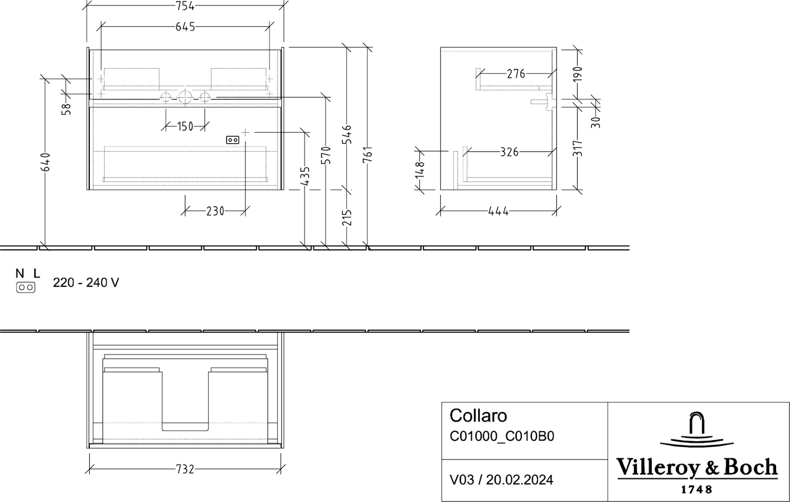 V&B Waschtischunterschrank Collaro 75,4x54,6x44,4cm, Waschbecken mittig, LED-Beleuchtung, truffle grey