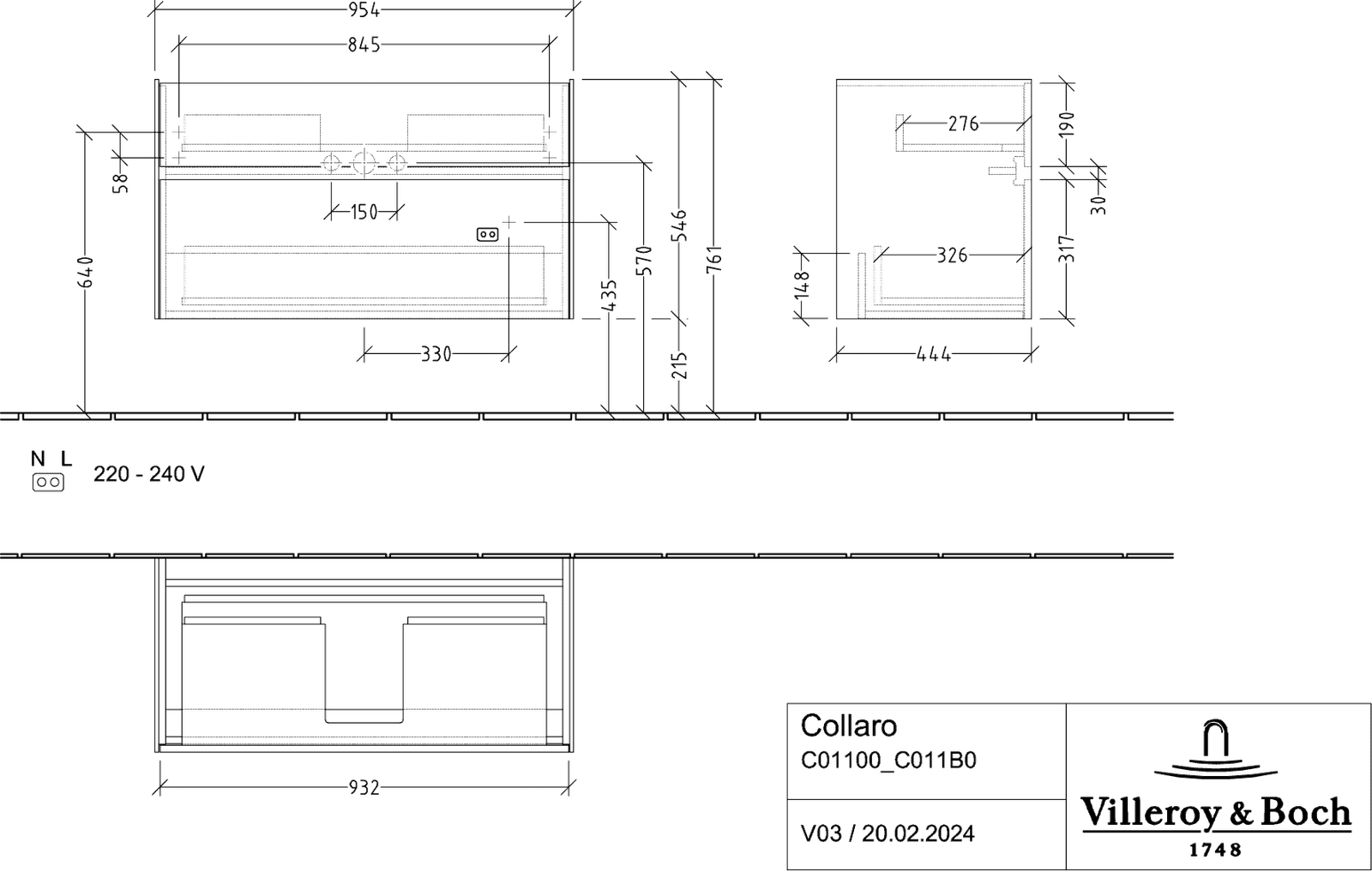 V&B Waschtischunterschrank Collaro 95,4x54,6x44,4cm, Waschbecken mittig, LED-Beleuchtung 7W, white wood