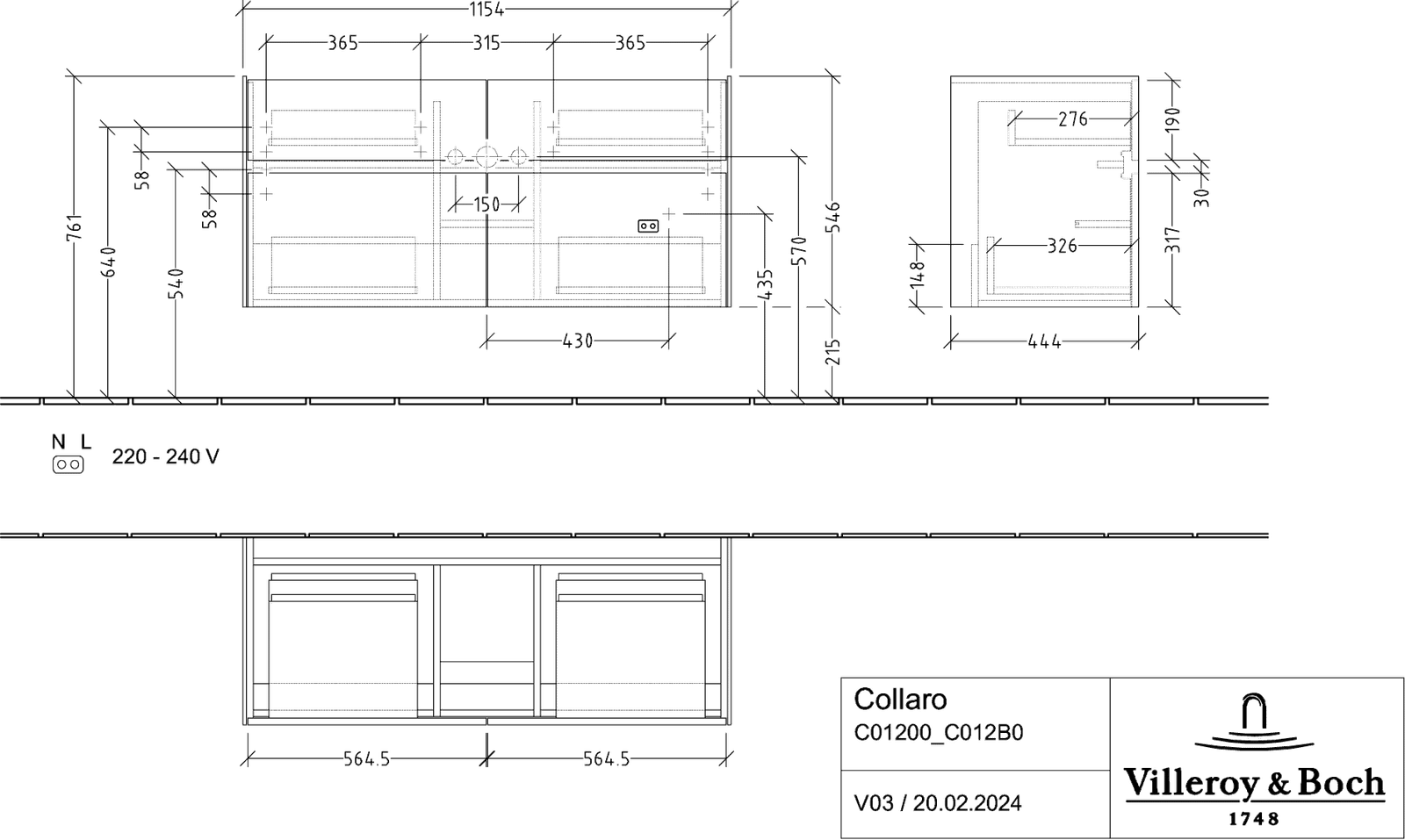 V&B Waschtischunterschrank Collaro 115,4x54,6x44,4cm, Waschbecken mittig, LED, white matt
