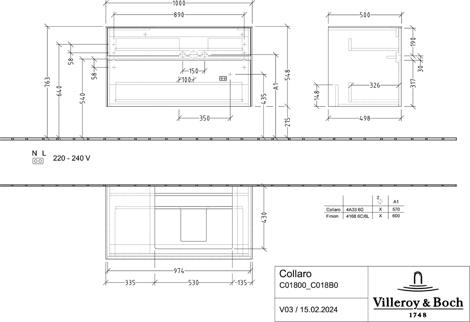 V&B Waschtischunterschrank Collaro 100x54,8x50cm, Waschtisch rechts, LED-Beleuchtung 7,3 W, black matt laquer