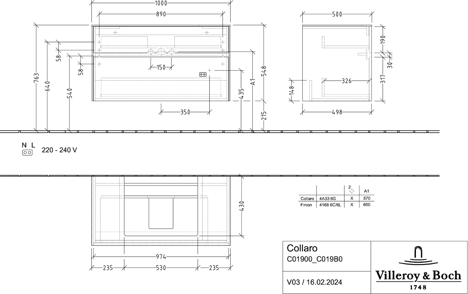 V&B Waschtischunterschrank Collaro 100x54,8x50cm, Waschtisch mittig, LED-Beleuchtung 7,3 W, white wood