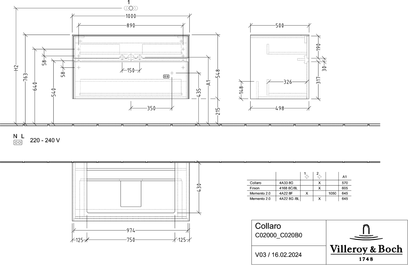 V&B Waschtischunterschrank Collaro 100x54,8x50cm, Waschtisch mittig, LED-Beleuchtung 7,3 W, glossy grey