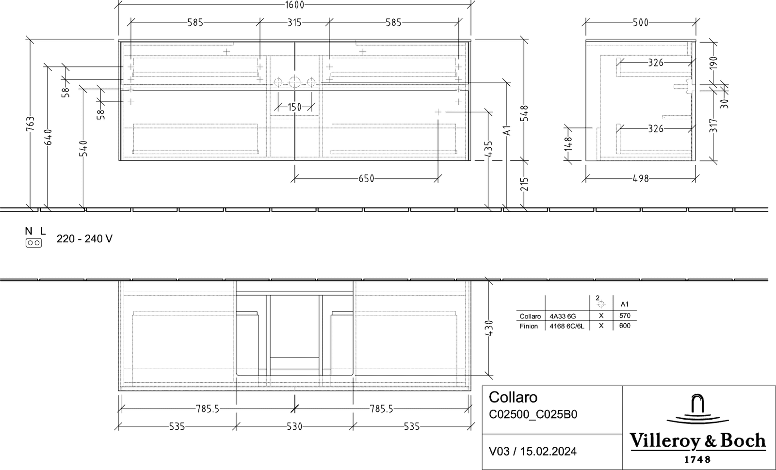 V&B Waschtischunterschrank Collaro 160x54,8x50cm, Waschtisch mittig, LED-Beleuchtung 12W, soft grey