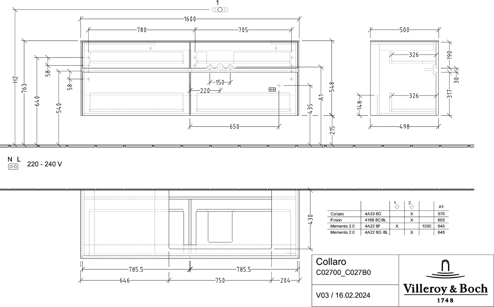 V&B Waschtischunterschrank Collaro 160x54,8x50cm, Waschtisch rechts, LED-Beleuchtung 12W, arizona oak