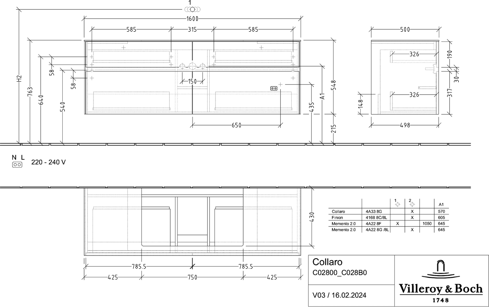 V&B Waschtischunterschrank Collaro 160x54,8x50cm, Waschtisch mittig, LED-Beleuchtung 12W, stone oak