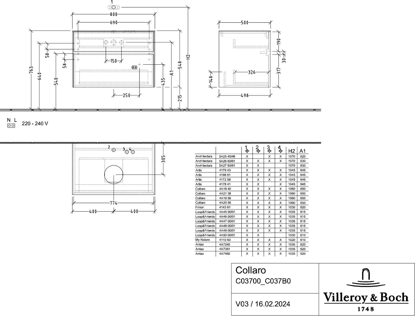 V&B Waschtischunterschrank Collaro 80x54,8x50cm, Waschtisch mittig, LED-Beleuchtung 5,7 W, white wood