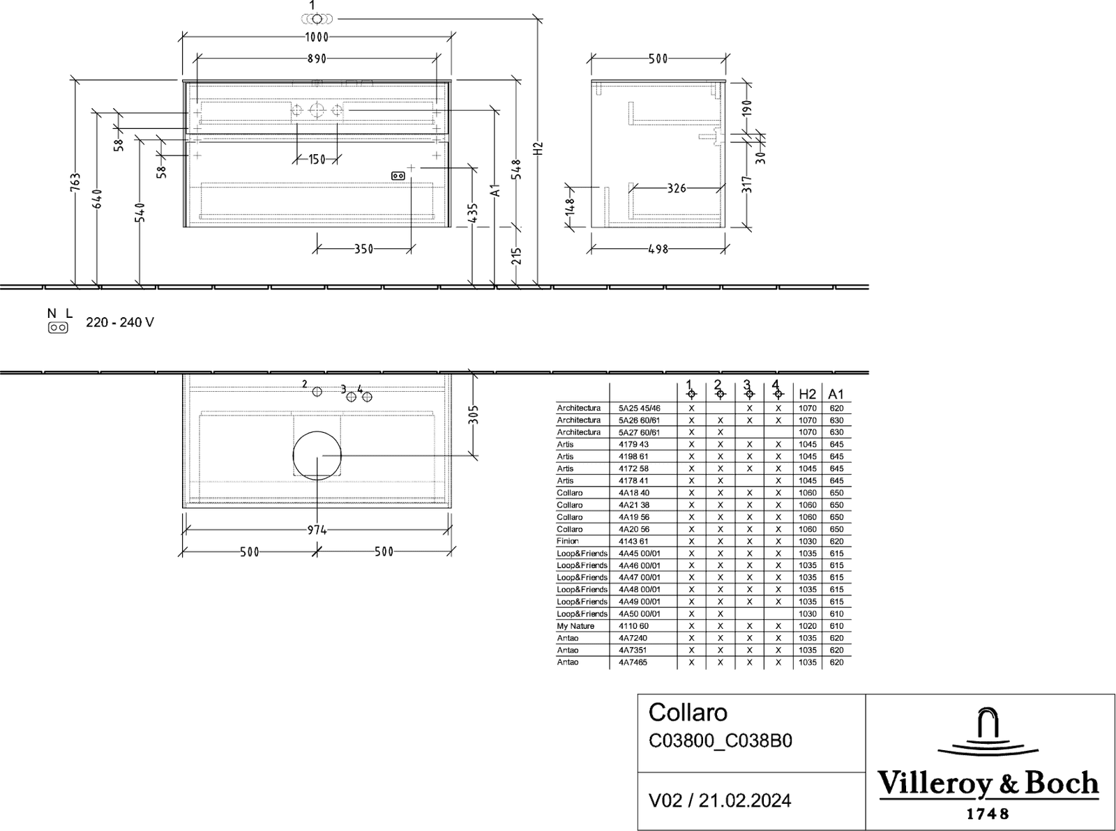 V&B Waschtischunterschrank Collaro 100x54,8x50cm, Waschtisch mittig, LED-Beleuchtung 7,3 W, truffle grey