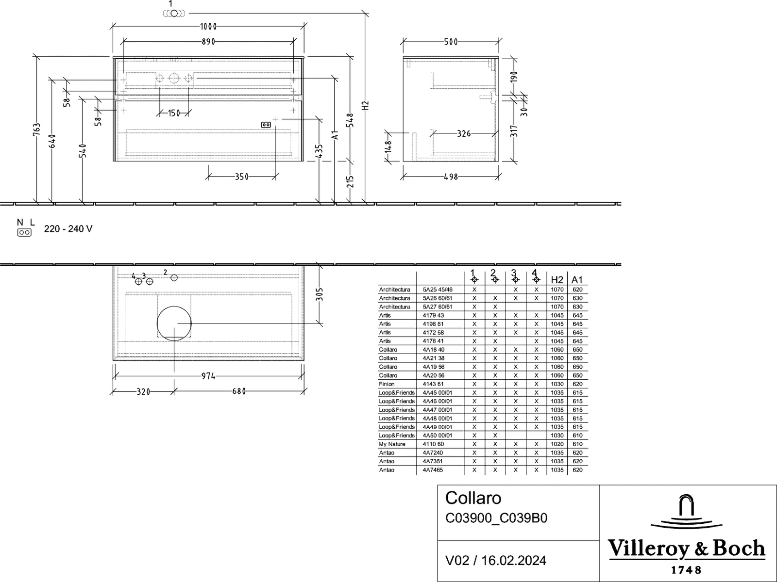 V&B Waschtischunterschrank Collaro 100x54,8x50cm, Waschtisch links, LED-Beleuchtung 7,3 W, black matt laquer
