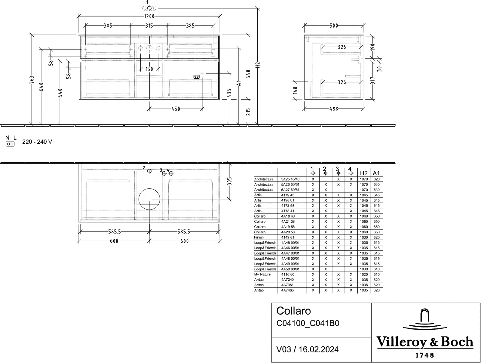 V&B Waschtischunterschrank Collaro 120x54,8x50cm, Waschtisch mittig, stone oak