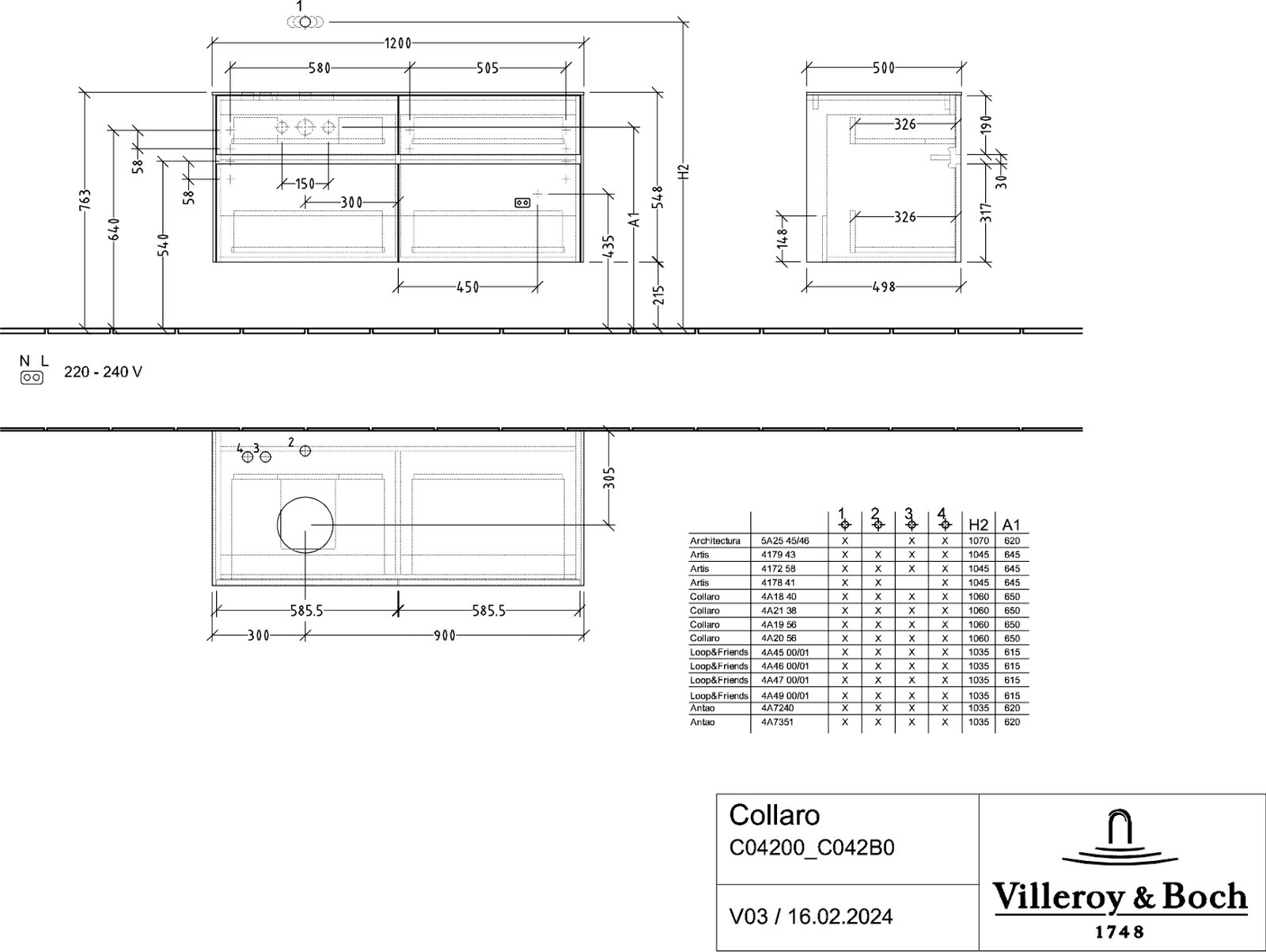 V&B Waschtischunterschrank Collaro 120x54,8x50cm, Waschtisch links, LED-Beleuchtung 8,8 W, truffle grey