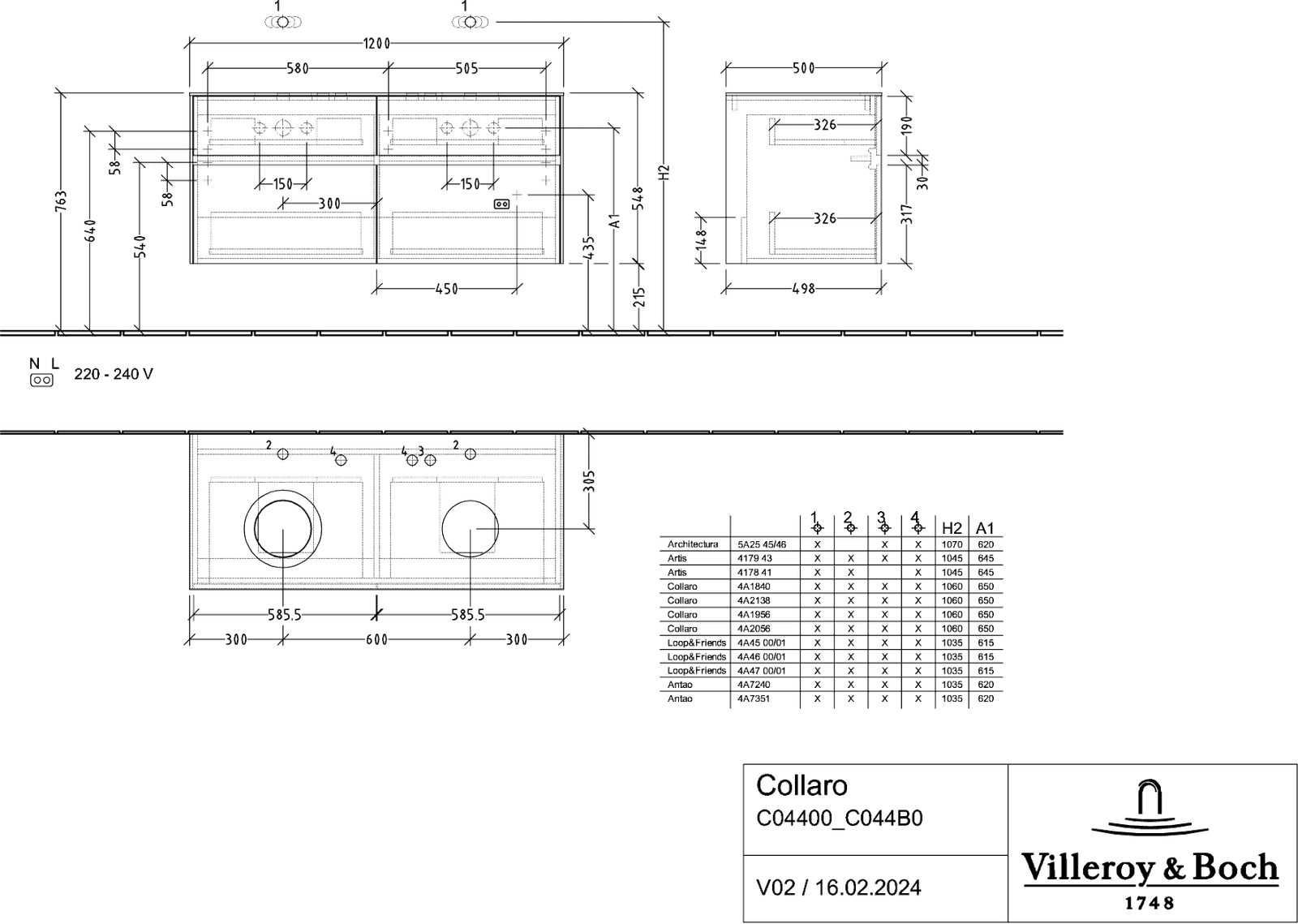 V&B Waschtischunterschrank Collaro 120x54,8x50cm, für 2 Waschtische, LED-Beleuchtung 8,8W, kansas oak
