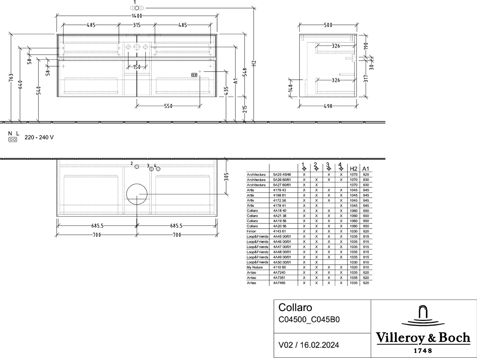 V&B Waschtischunterschrank Collaro 140x54,8x50cm, Waschtisch mittig, LED-Beleuchtung 10,4 W, nordic oak