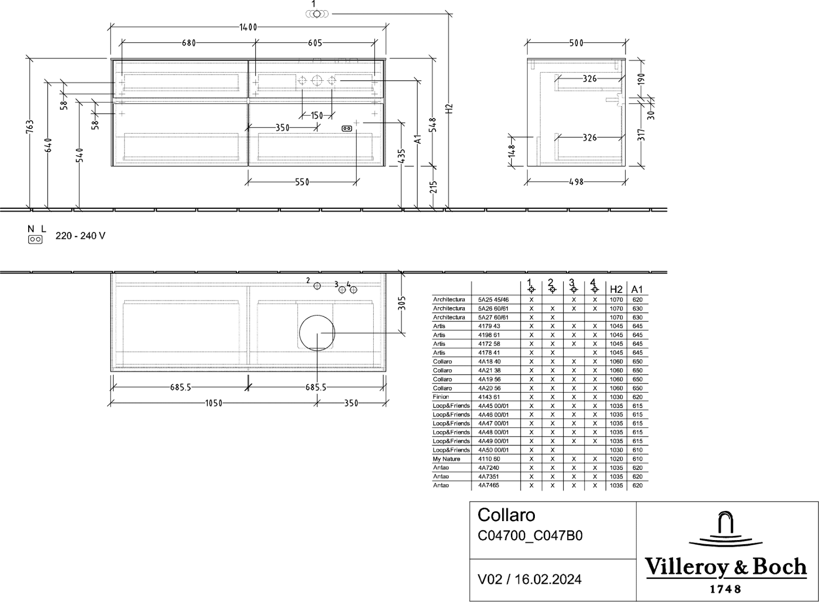 V&B Waschtischunterschrank Collaro 140x54,8x50cm, Waschtisch rechts, LED-Beleuchtung 10,4W, glossy white