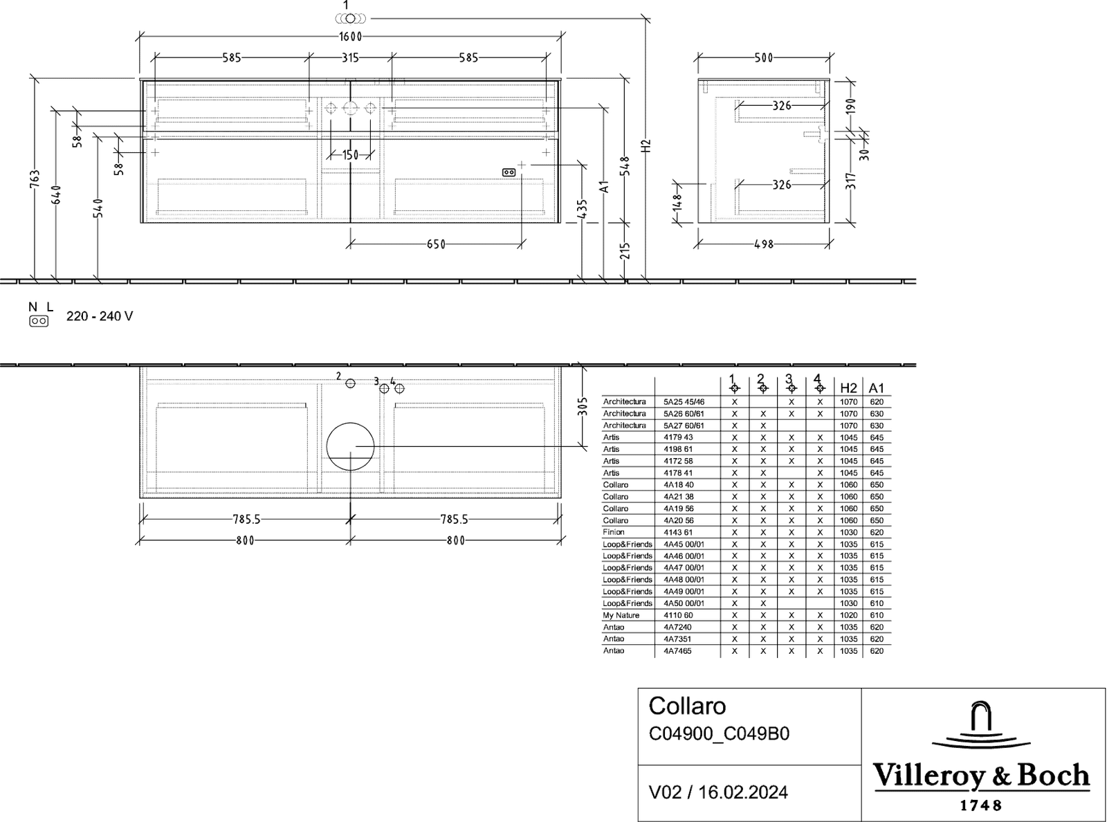 V&B Waschtischunterschrank Collaro 160x54,8x50cm, Waschtisch mittig, LED-Beleuchtung 12W, glossy white