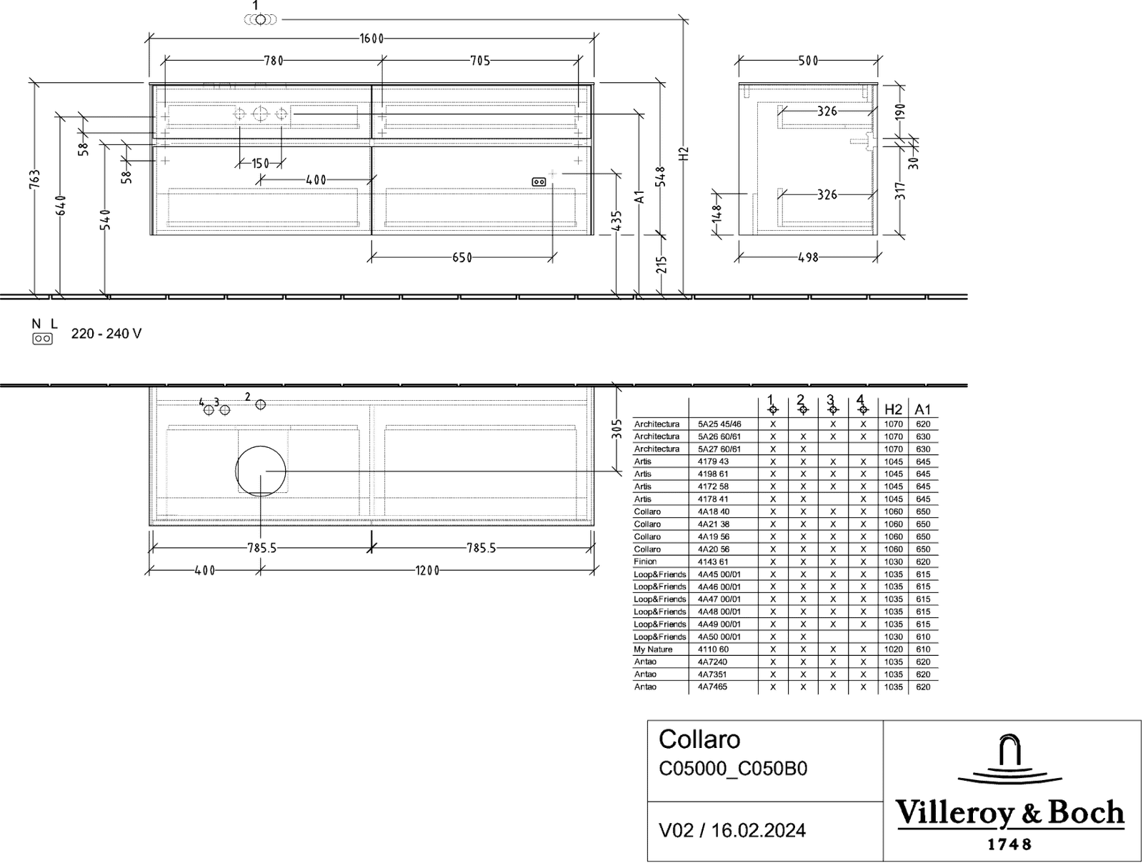 V&B Waschtischunterschrank Collaro 160x54,8x50cm, Waschtisch links, LED-Beleuchtung 12W, glossy white