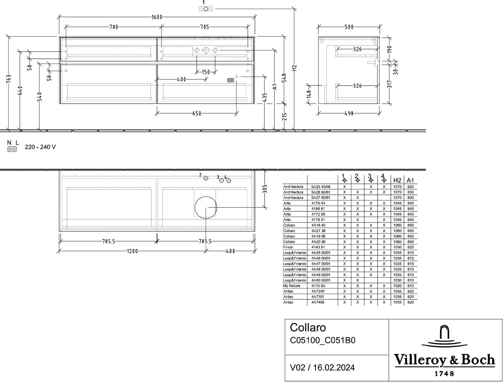 V&B Waschtischunterschrank Collaro 160x54,8x50cm, Waschtisch rechts, LED-Beleuchtung 12W, truffle grey