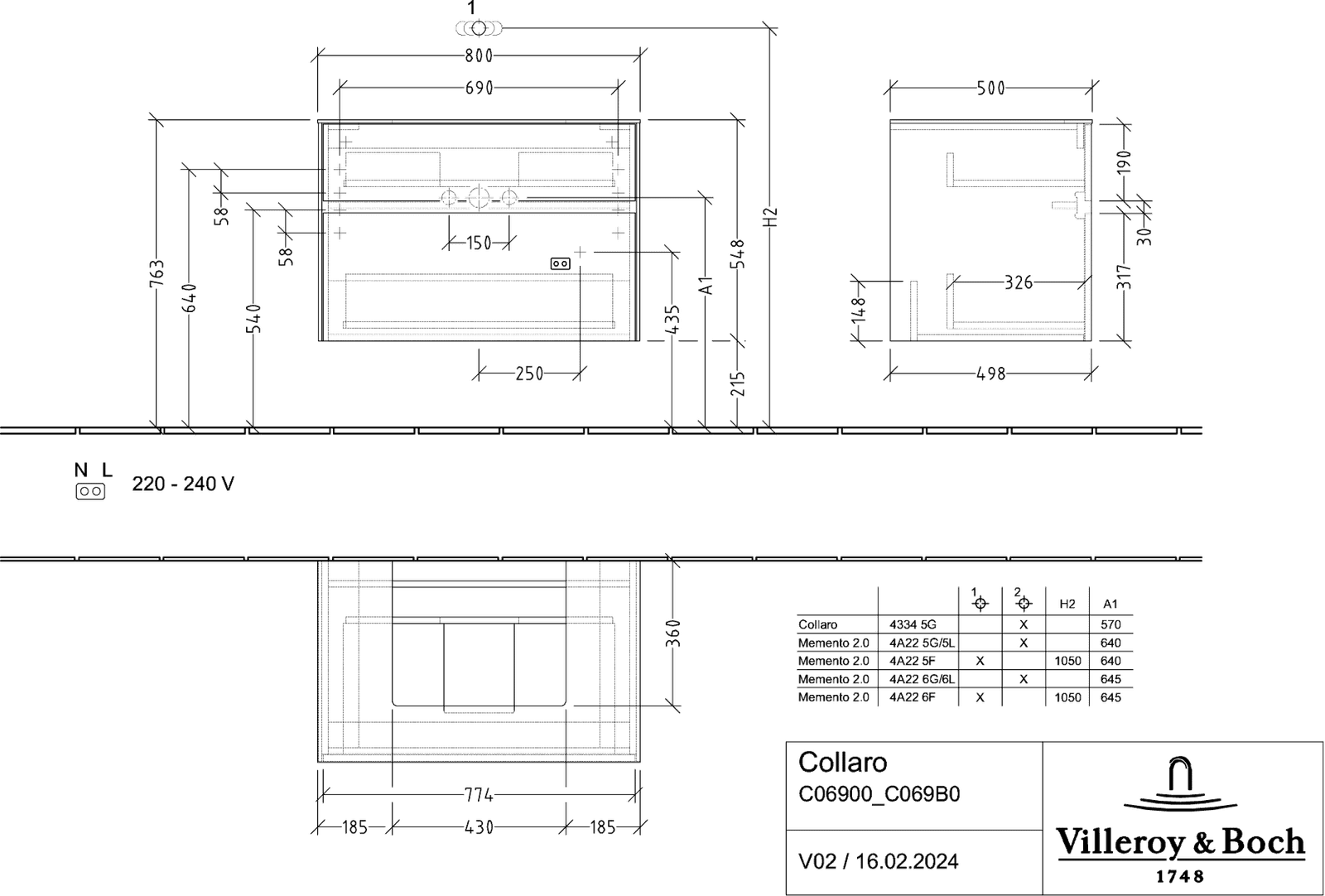 V&B Waschtischunterschrank Collaro 80x54,8x50cm, Waschtisch mittig, truffle grey