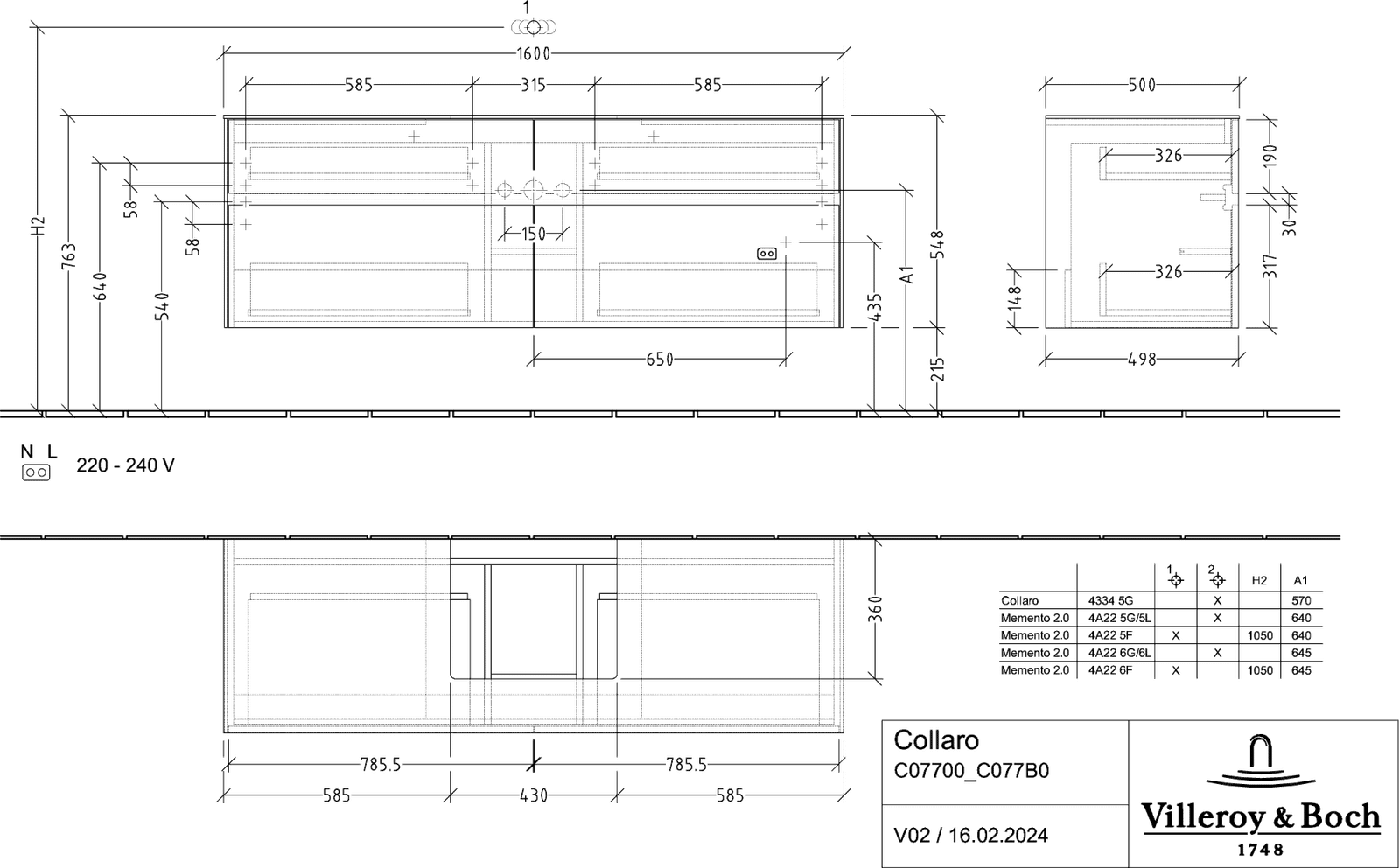 V&B Waschtischunterschrank Collaro 160x54,8x50cm, Waschtisch mittig, white wood